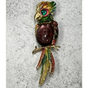 Vintage Art Brooch Parrot Jelly belly signed bird rainbow pin rhinestone purple